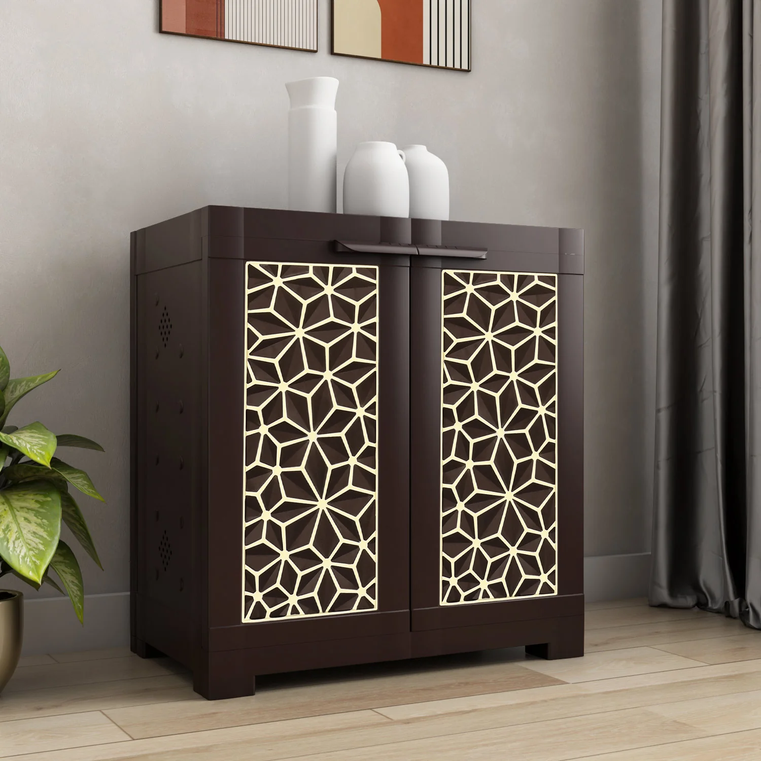 Nilkamal Freedom Star (FMSC09STR) Plastic Shoe Cabinet (Weather Brown & Biscuit)