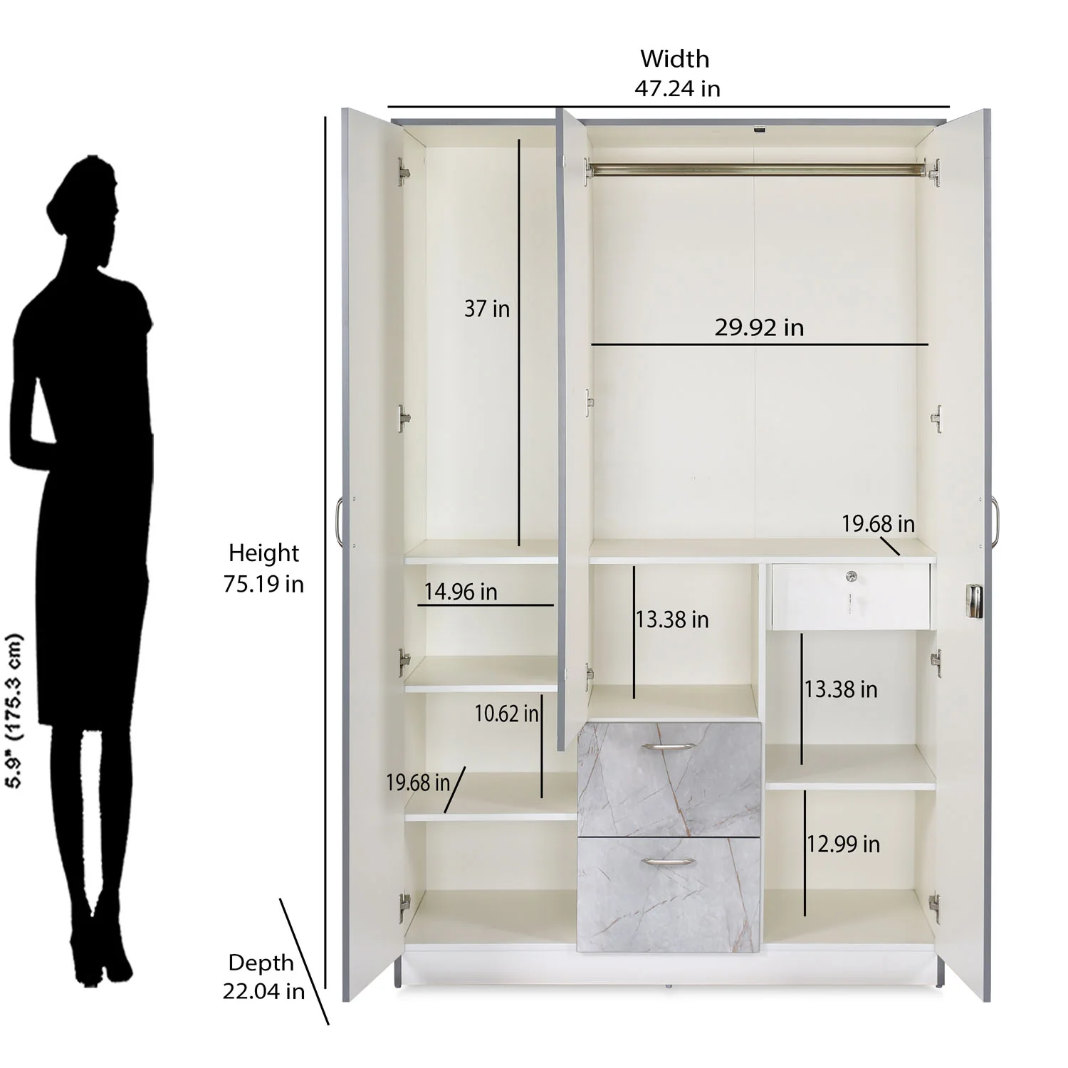 Nilkamal Marbito 3 Door Wardrobe With Mirror (White) - Image 10