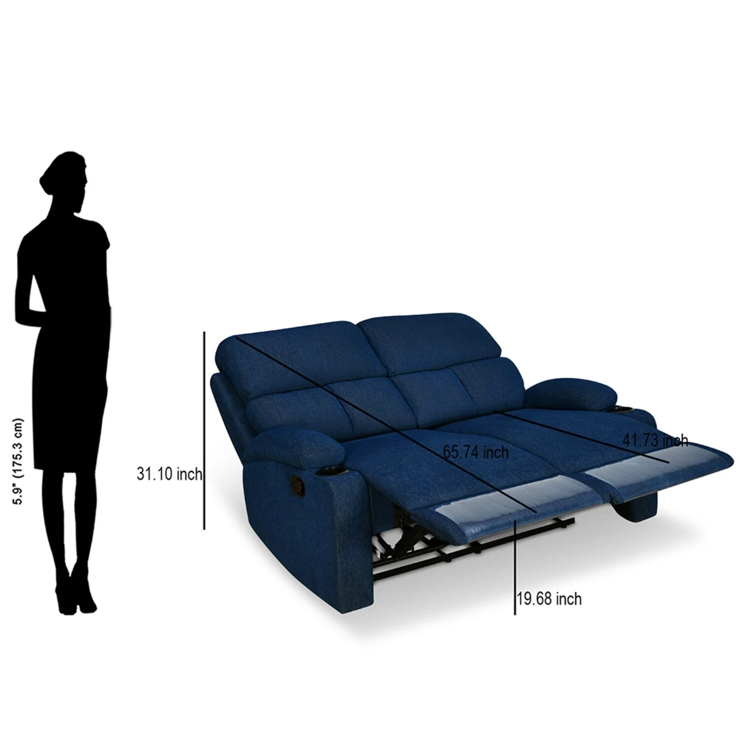Nilkamal Matt 2 Seater Recliner Sofa with Cup Holder (Blue) - Image 13