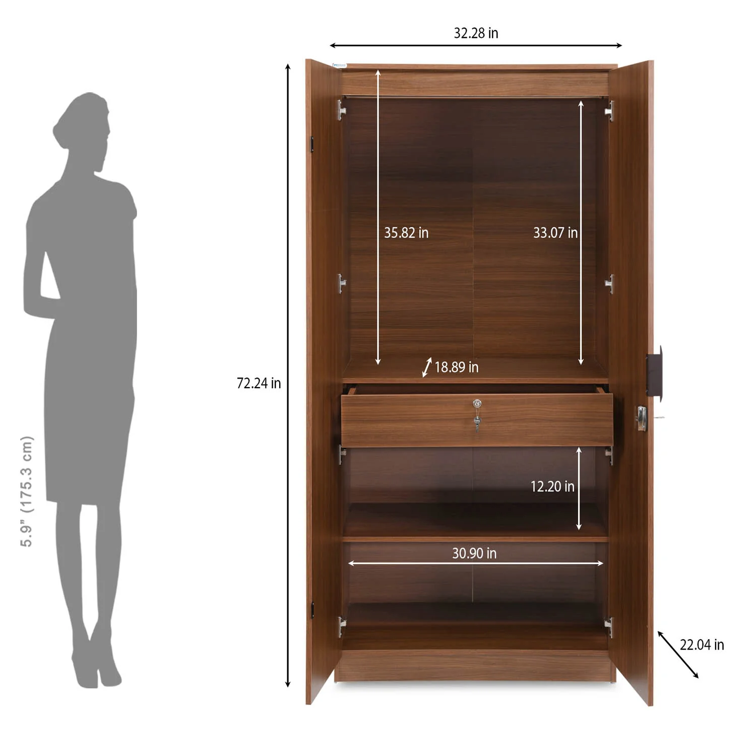 Nilkamal Milford 2 Door Wardrobe (Classic Walnut) - Image 12