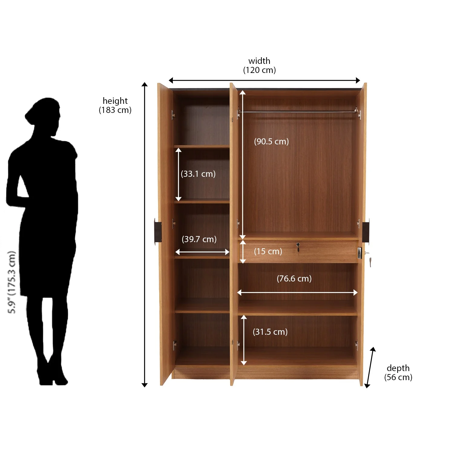Nilkamal Milford 3 Door Wardrobe (Urban Teak) - Image 10