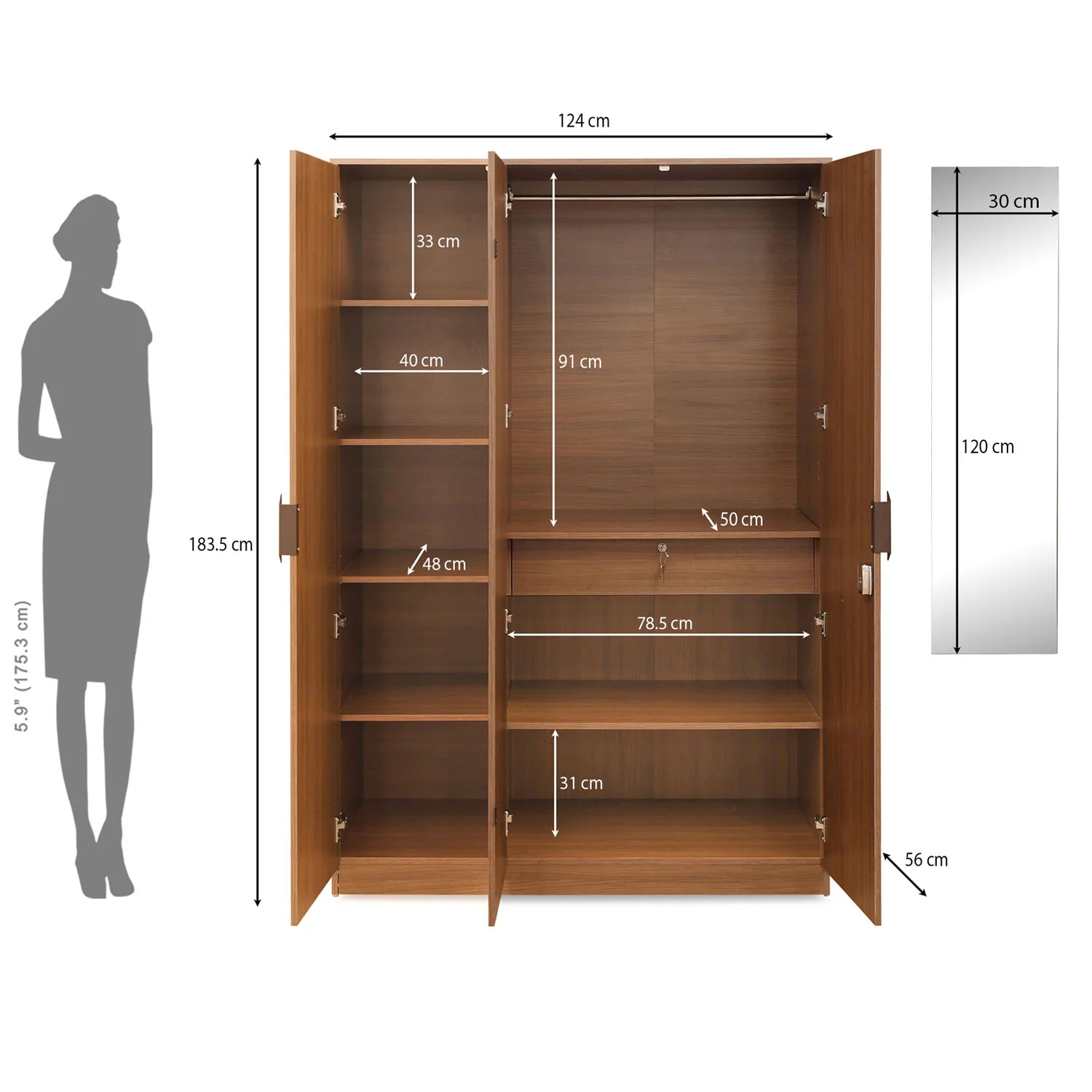 Nilkamal Milford 3 Door Wardrobe with Mirror (Classic Walnut) - Image 9