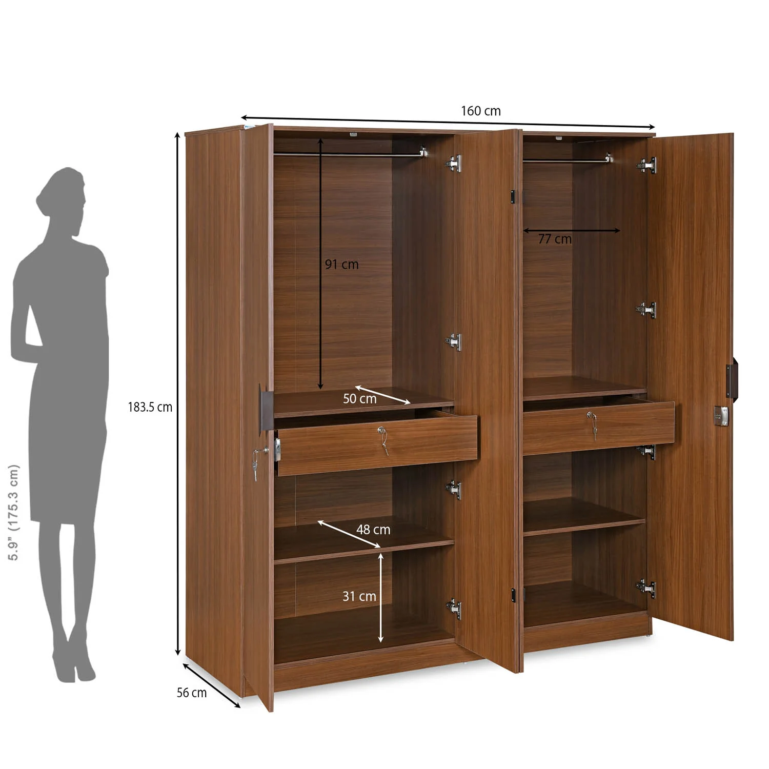 Nilkamal Milford 4 Door Wardrobe (Classic Walnut) - Image 10