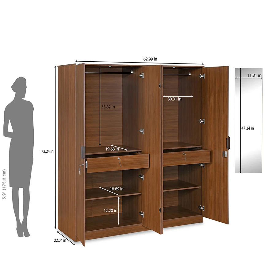 Nilkamal Milford 4 Door Wardrobe with Mirror (Classic Walnut) - Image 10