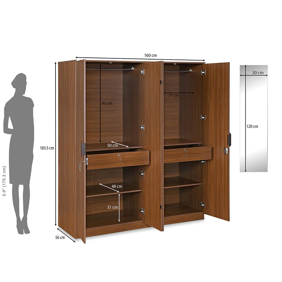 Nilkamal Milford 4 Door Wardrobe with Mirror (Classic Walnut) - Image 11