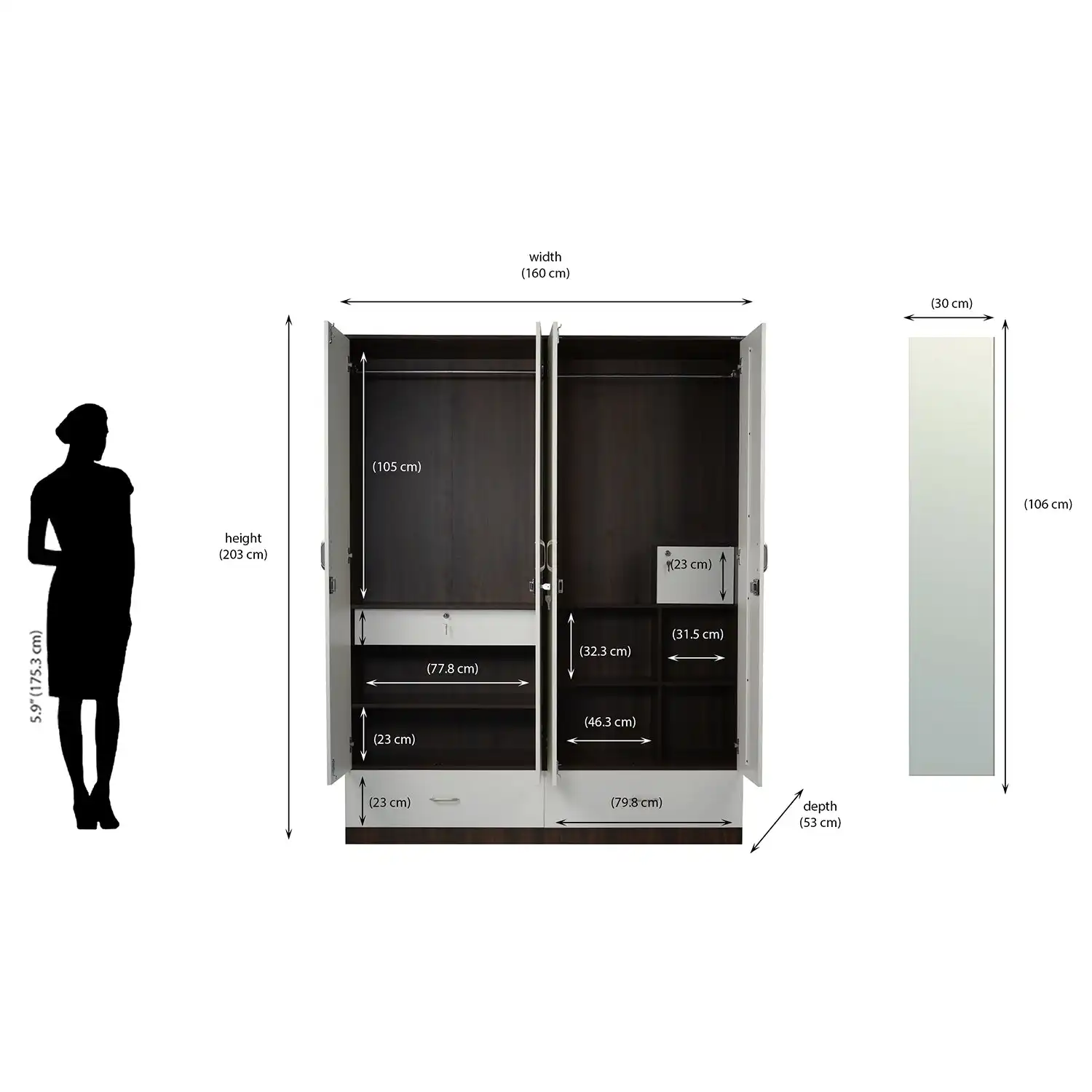 Nilkamal Mozart 4 Door Mirror Wardrobe (Walnut / White) - Image 8